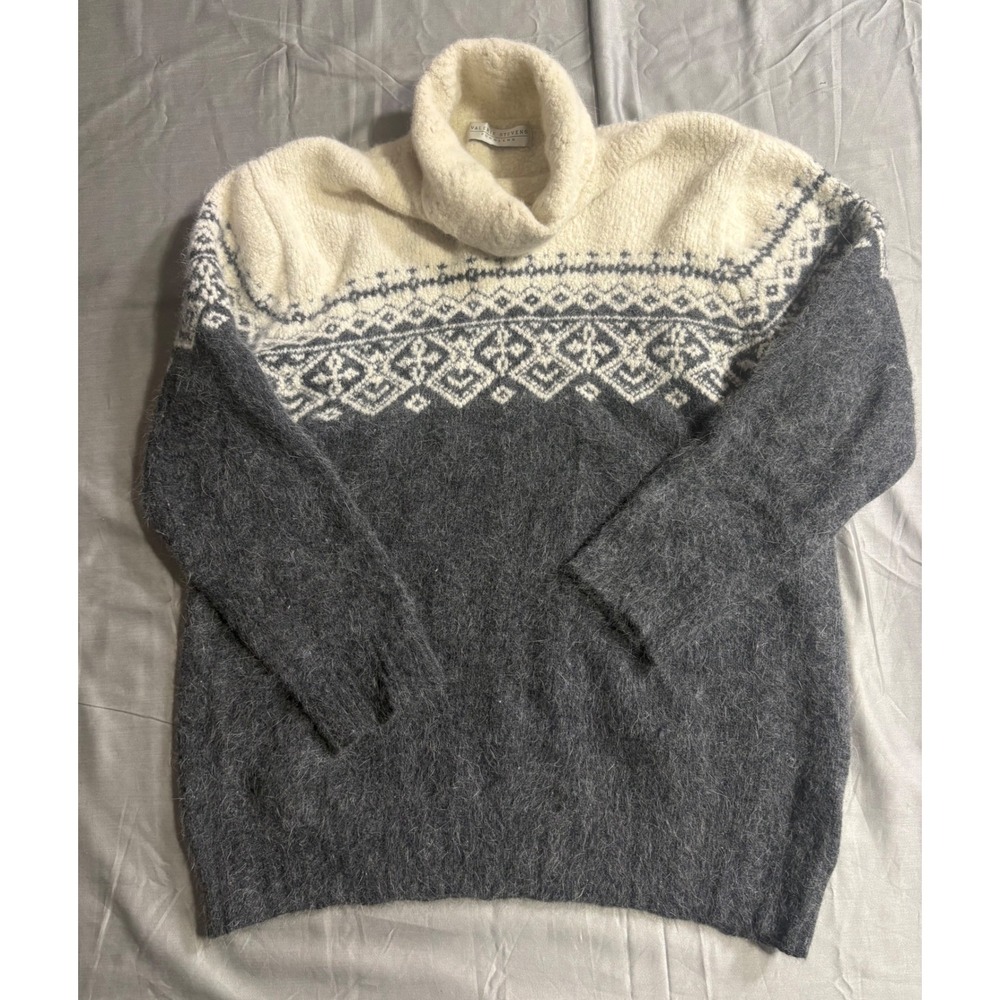 Valerie Stevens Angora Lambswool Fair Isle Turtleneck Sweater Grey Cream Large